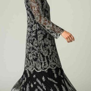 Vintage 80s Stenay B&W Silk Sequin Beaded Midi Dress Asymmetrical Hem Size 10